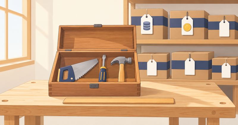 開いた工具箱にはのこぎりなど3本だけがあり、奥の棚には帯を巻いた箱に無地の札が下がっている。