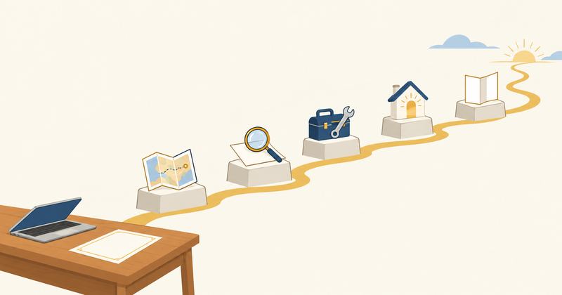 机の上の白紙とノートパソコンから金色の道が伸び、地図や工具箱など5つの目印を通って朝日へ続く。