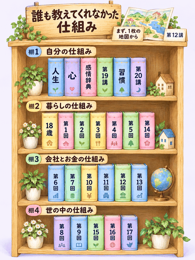 仕組み資料室の4段の本棚。棚1 自分の仕組み、棚2 暮らしの仕組み、棚3 会社とお金の仕組み、棚4 世の中の仕組み。いちばん上に第12講の地図